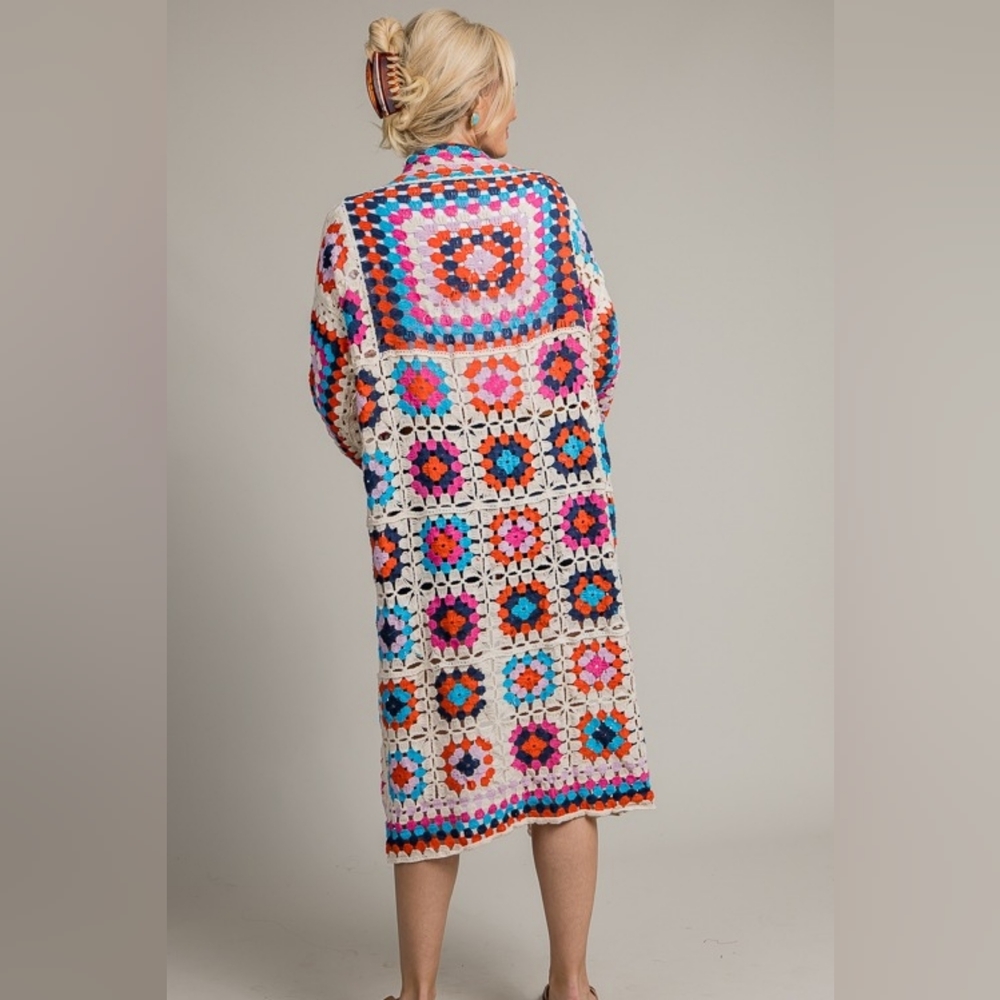 POL Crochet Granny Square Long Cardigan One Size New